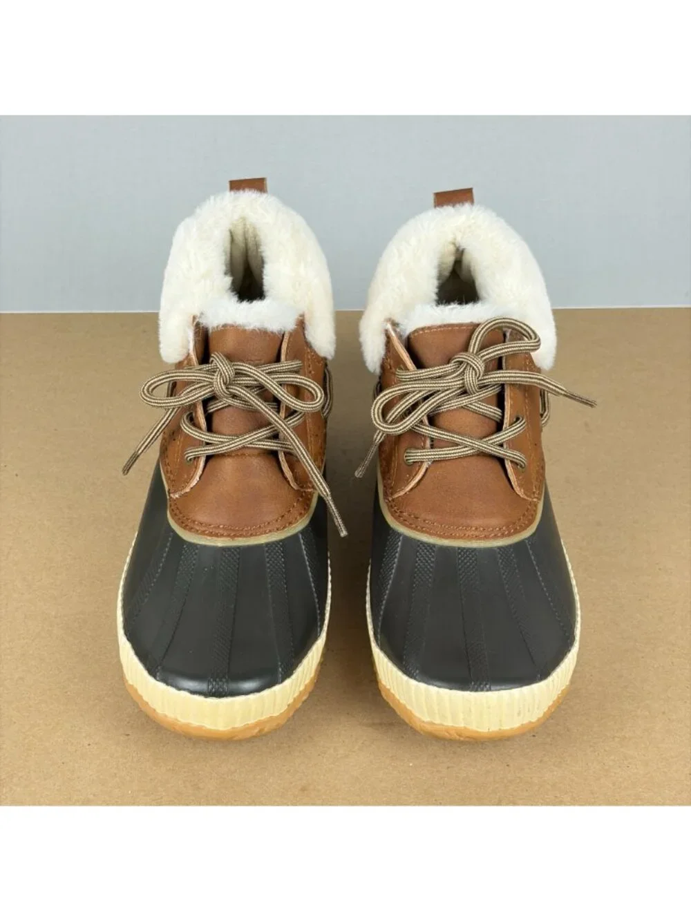 Jambu JSport Mary Faux Fur Lined Duck Boots Womens 8 Black Brown Cream Lace Up
